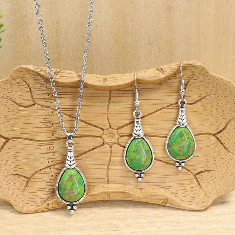 Mode Böhmischen Vintage Einfache Blaue Natürliche Stein Schmuck Set Frauen Silber Farbe Kette Lange Anhänger Halskette Waterdrop Ohrringe