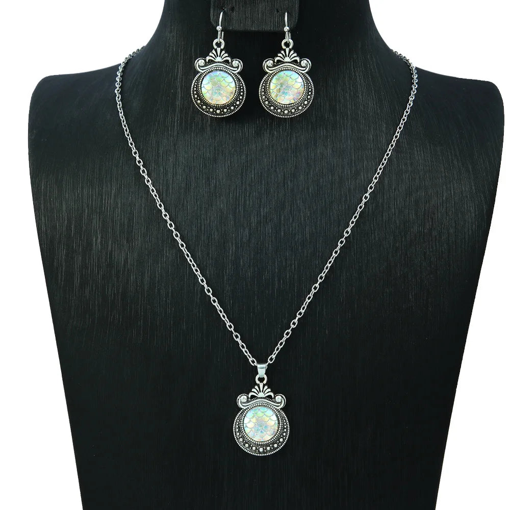 Kreative bunte Fischschuppenmuster Tropfen Halskette Ohrringe Set für Frauen Vintage ethnische geschnitzte einzigartige weibliche Schmuck Geschenk