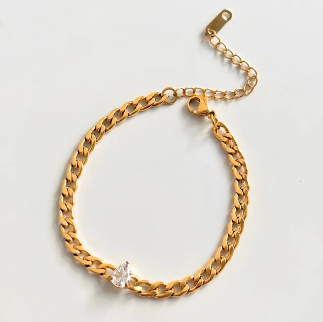 DASEIN 18 Karat vergoldetes römisches französisches weißes Tropfen-Zirkon-kubanisches Kettenarmband-Set, superglanzter Edelstahl-Vintage-Schmuck