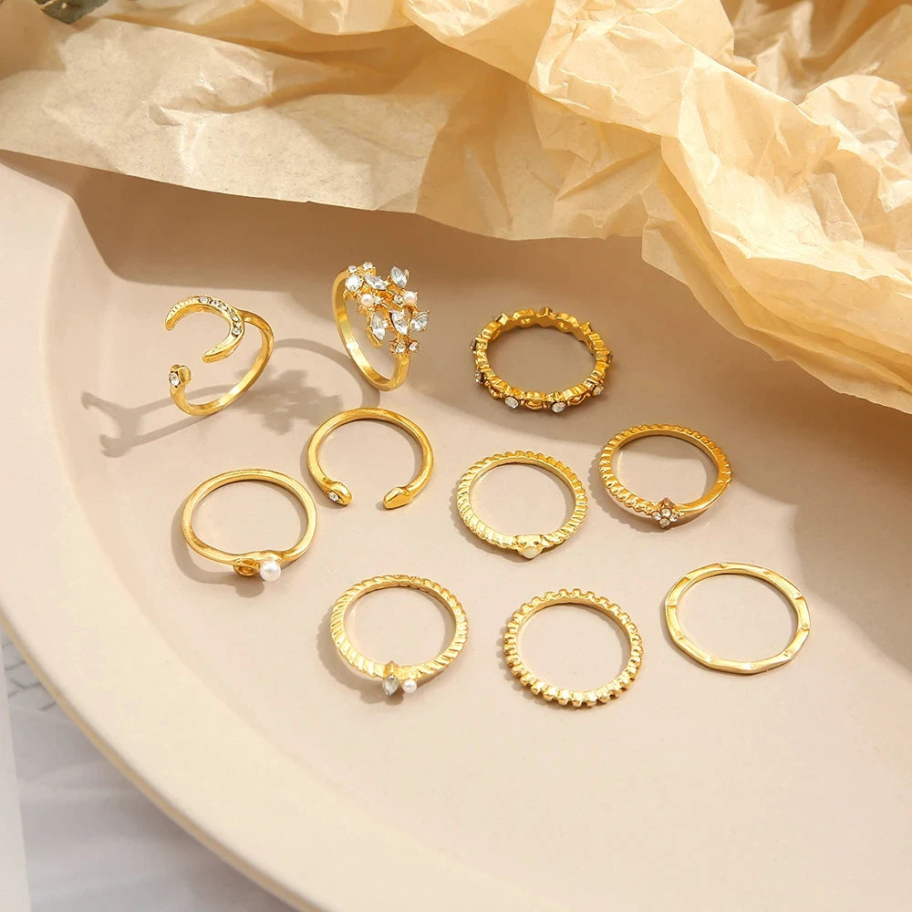 10 Stück Ringe Anzug für Frauen Goldfarbe Kettenblatt Set Bohemian Style Münze Schlange Mond Stern Party Trend Geschenk Schmuck