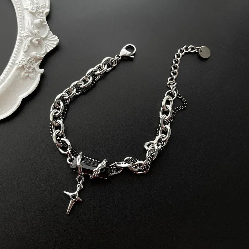 2024 Retro Schwarz Zirkon Stern Armband für Frauen Männer Geschenke Trend Titan Stahl Kette Unisex Goth Schmuck Neue Paar Zubehör