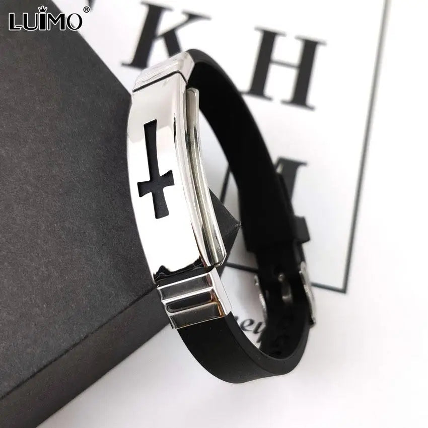 1pc Silikon Schnalle Armbänder Armreif Mode coole Armband Schmuck Damen Herren Kreuz Edelstahl christlichen religiösen Amulett