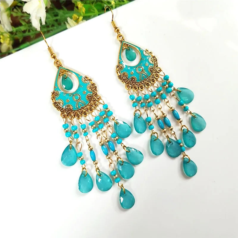 Böhmische lange Acryl-Wassertropfen-Quasten-Ohrringe für Frauen, ethnische mehrfarbige Perlen, Tropfenöl, handgefertigte baumelnde Ohrringe, Boho-Schmuck