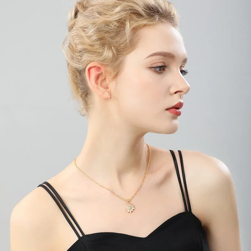 Trend ige Rotation Spin Sonnenblume Edelstahl Zirkon Halsketten für Frauen Metall Kristall Halskette Party Geburtstags geschenke Schmuck