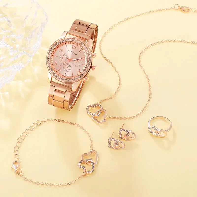 6 Stück Set Roségold Luxus uhr Damen Ring Halskette Ohrring Strass Mode Armbanduhr lässig Damen Armband Uhren