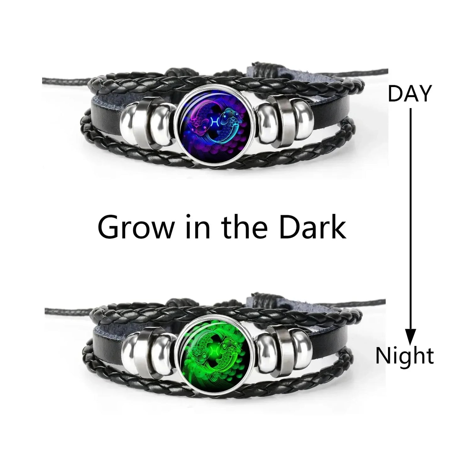 12-Sternbild-Sternzeichen, schwarzes geflochtenes Lederarmband, Krebs, Löwe, Jungfrau, Waage, gewebte Glaskuppel, Schmuck, Punk-Männerarmband