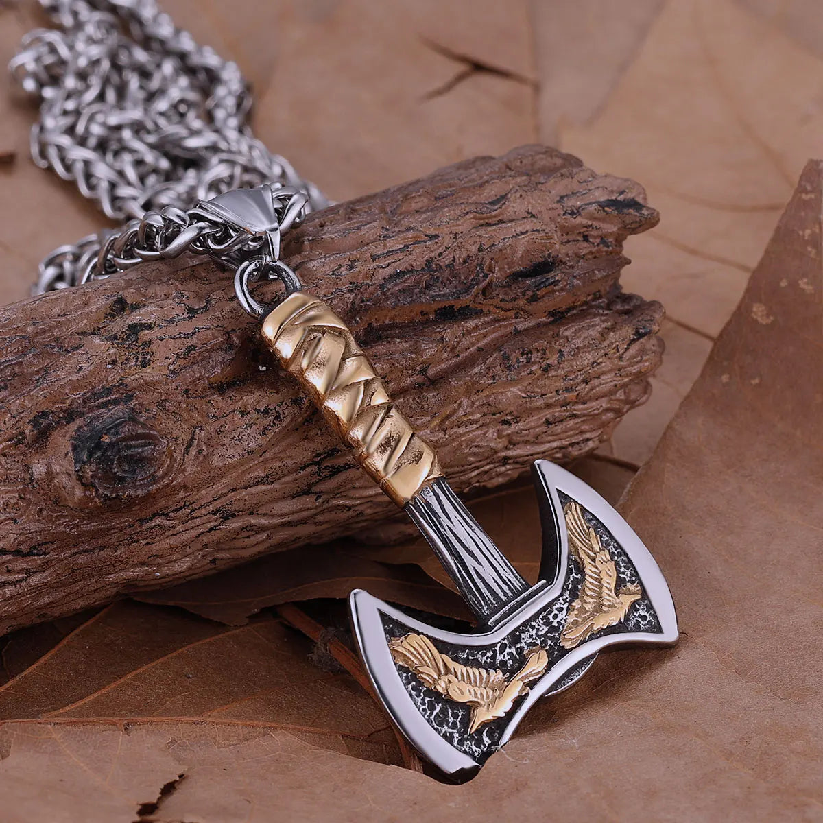 Edelstahl Wikinger Axt Halskette Gemischt Gold Farbe Odin Rabe Anhänger Herren Persönlichkeit Rune Amulett Geschenk für Freund