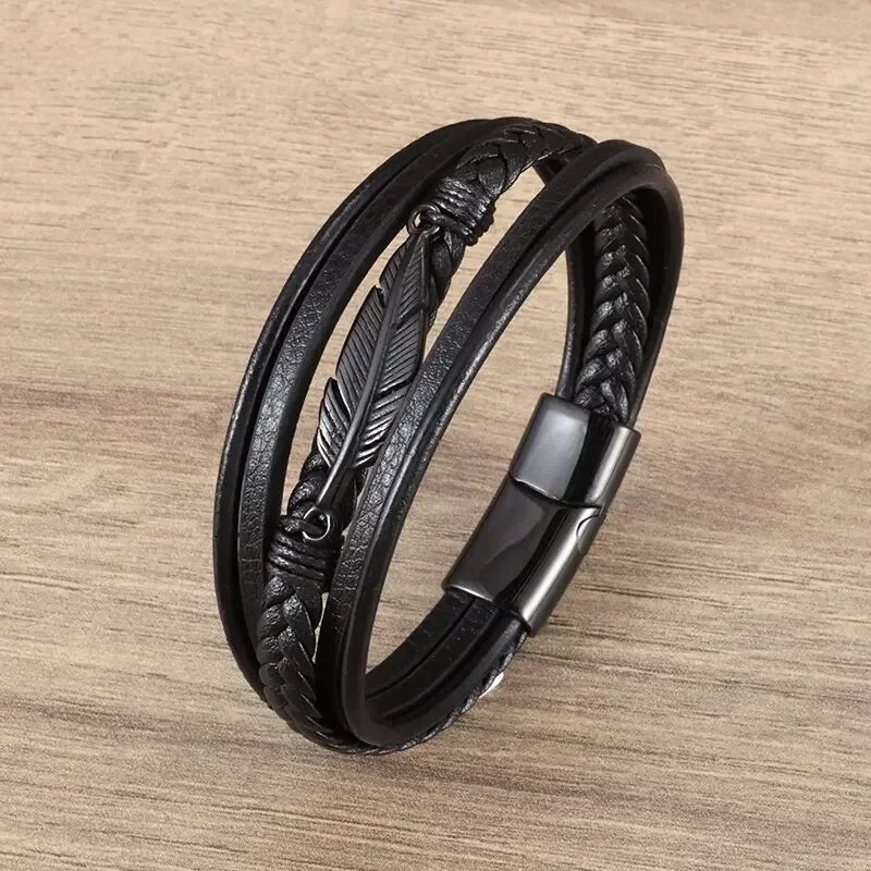 Klassisches einlagiges schwarzes handgewebtes Lederarmband mit Metall-Magnetverschluss, Herrenmode, Business-Schmuck, Geschenk