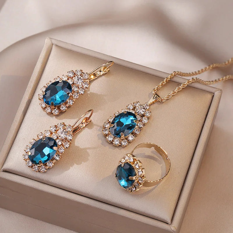 Blauer Kristall Ring Halskette Ohrringe Set Hochzeit Schmuck Sets für Bräute Anhänger Ohrringe für Mädchen Frauen Afrikanische Schmuck Sets