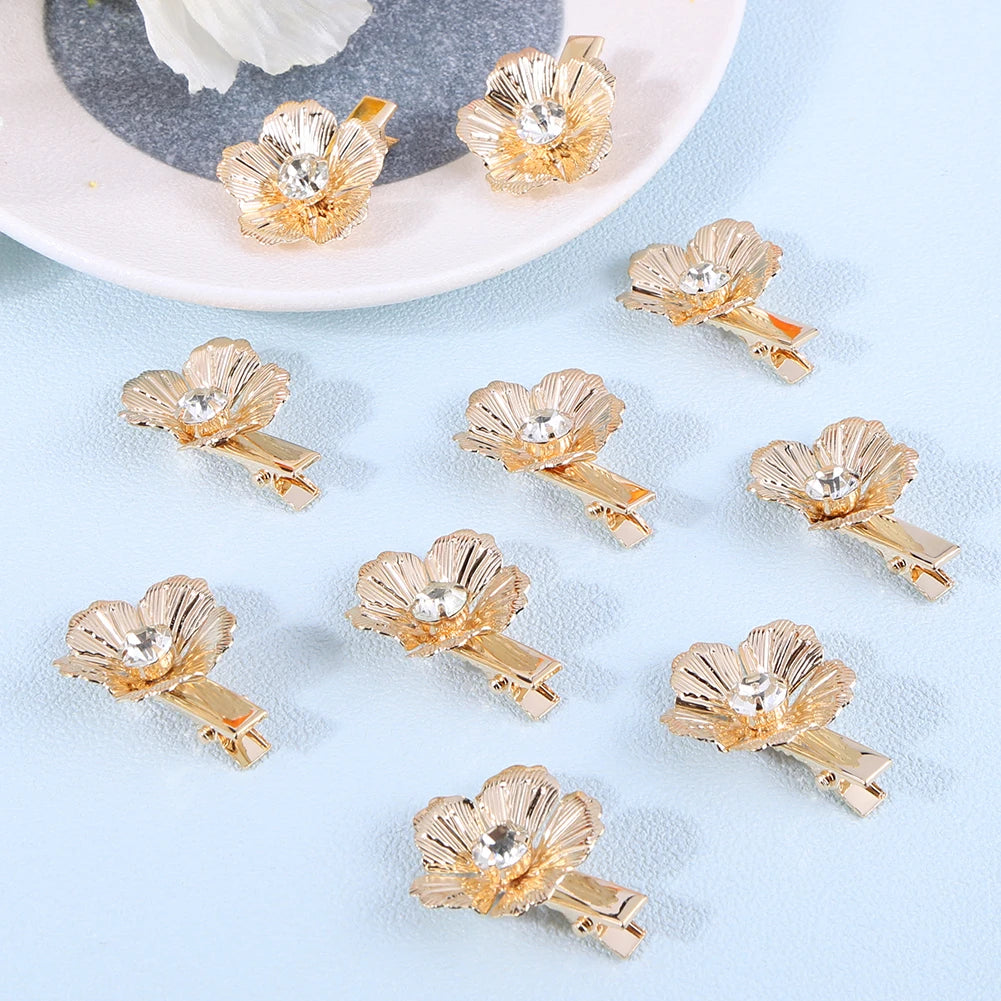 10/12/16 Stück kleine Blumen-Haarspangen, Metall, goldene Perlen-Haarspangen, florale Kopfbedeckung, florale Perlen-Haarnadeln, Haar-Accessoires