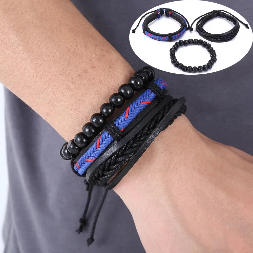 3-4 Stück Vintage Leder Armband Set für Männer Baum des Lebens Charme schwarz gewebte Seil Perlen Kette Wrap Armreif Frauen handgemachten Schmuck