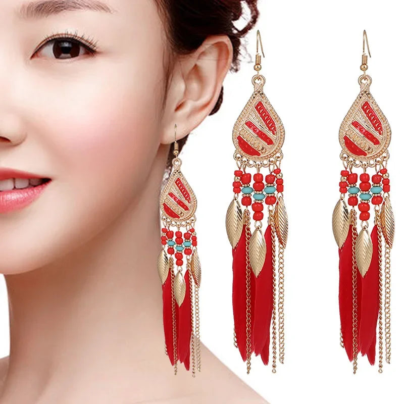Bohemian Bunte Feder Quaste Ohrringe Für Frauen Ethnische Perlen Tropfen Aussage Hängende Ohrringe Mädchen Mode Schmuck Geschenk