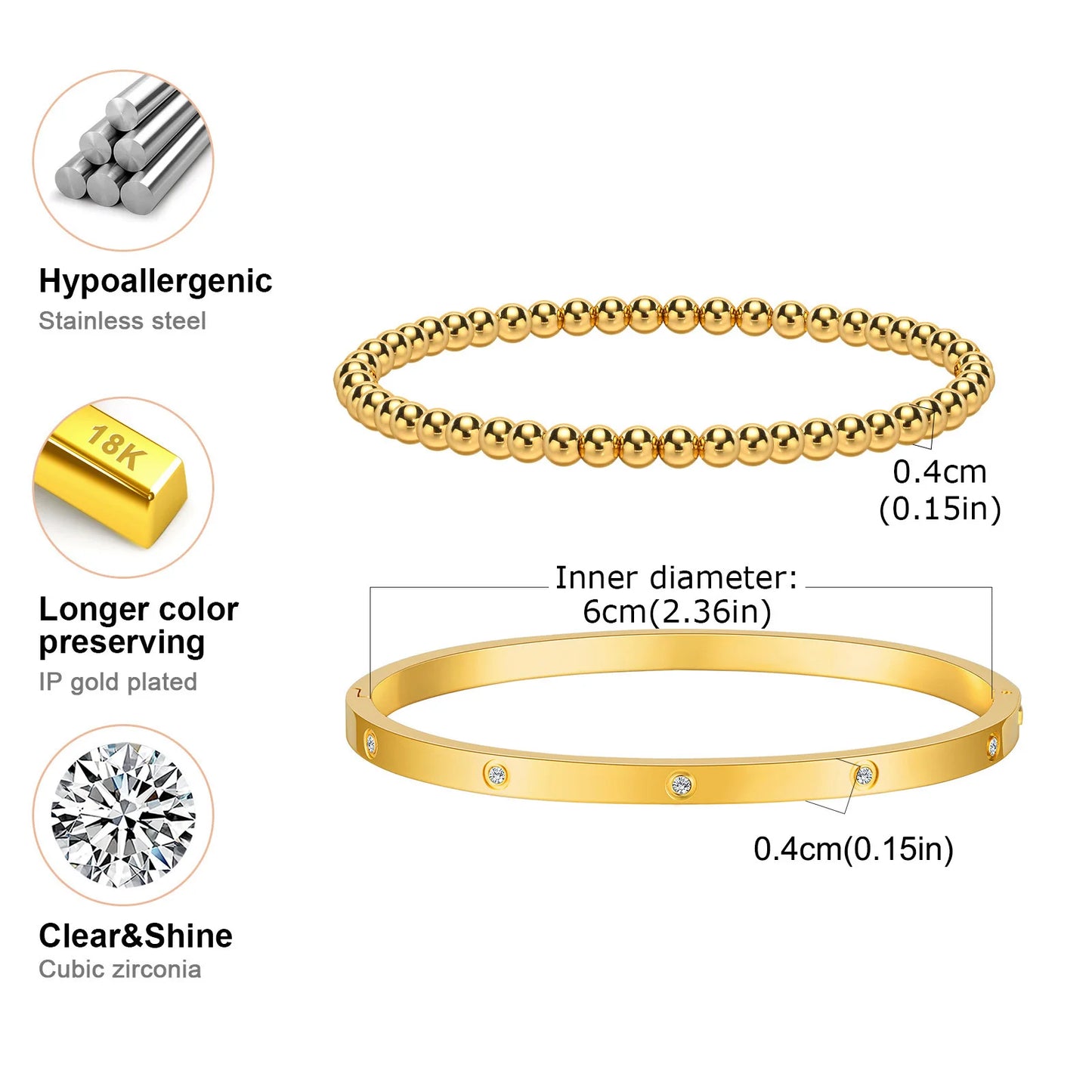 Vnox 2–8 mm Damen-Armbänder-Set, einfache gestapelte vergoldete Edelstahl-Perlen-Armbänder, glamouröse Liebesgeschenk-Manschettenarmbänder für Sie