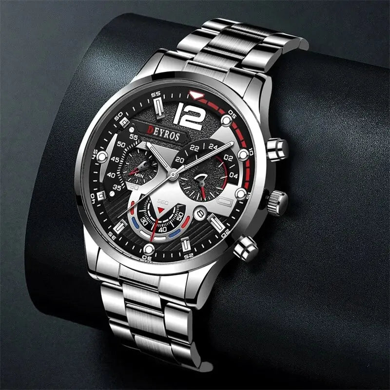 2 stücke Luxus Herren Silber Quarzuhr Mit Edelstahl Armband Männer Mode Business Casual Uhr Leuchtende Uhr