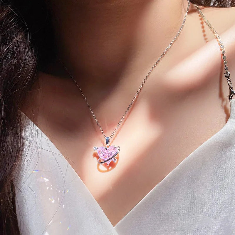 Y2k Kristall rosa Herz Halskette Ohrring Set Mode kpop glänzende Schlüsselbein kette für Frauen Mädchen neue Trend Party Geschenke Schmuck