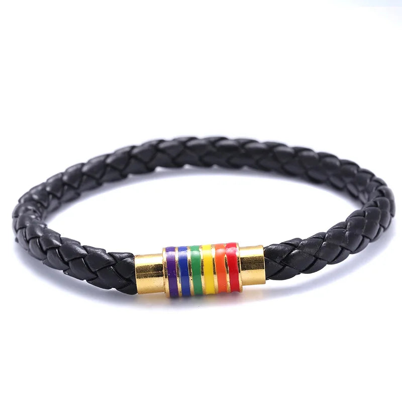 St.kunkka schwarz braun echtes geflochtenes Leder armband Frauen Männer Edelstahl Homosexuell Stolz Regenbogen Magnet Charms Armband Geschenk
