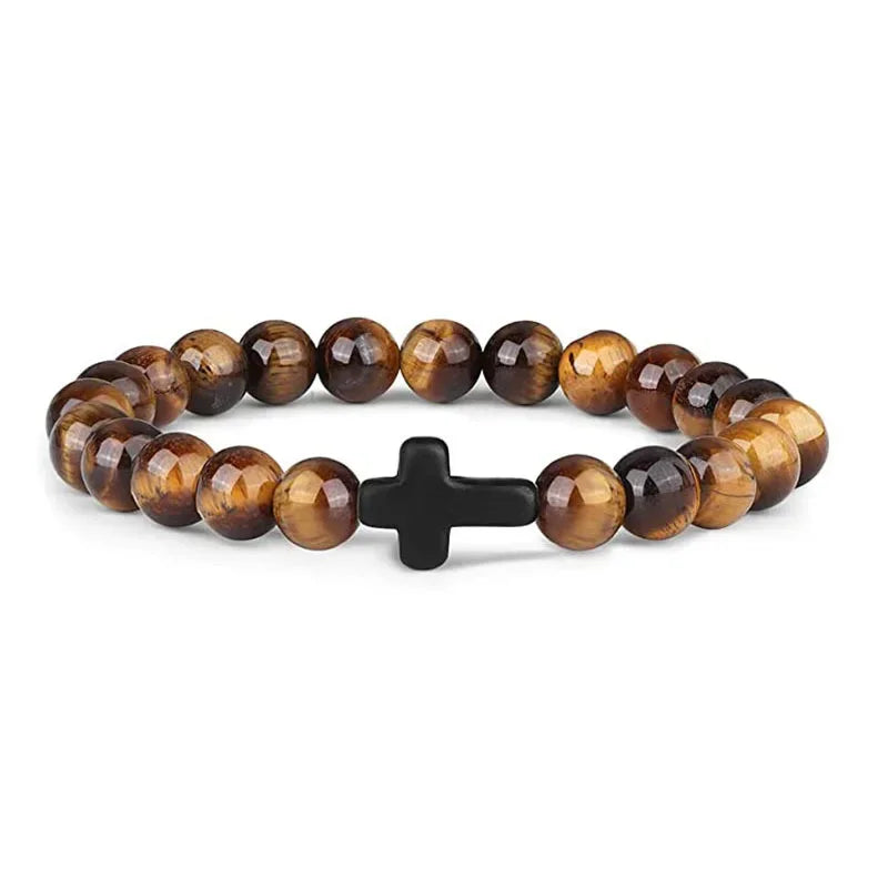Gebet Männer Naturstein Holz Perlen Rosenkranz Hämatit Kreuz Armbänder Onyx Meditation Armband Frauen Yoga Schmuck Homme Pulsera