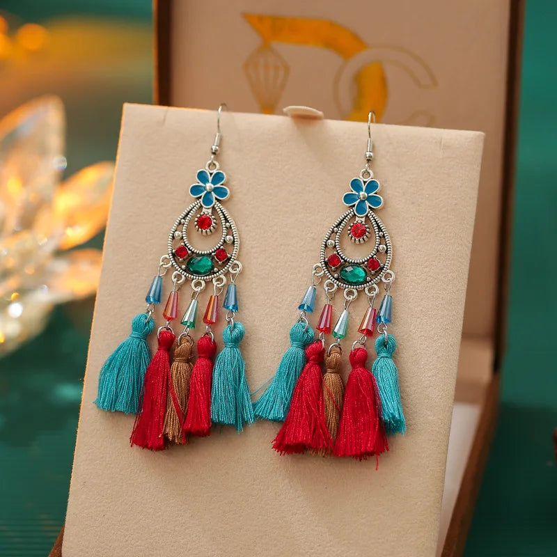 Böhmische Mode Emaille Blume geometrische Quaste lange Ohrringe für Frauen Kristall Strass handgemachte Boho Hochzeits schmuck Geschenk