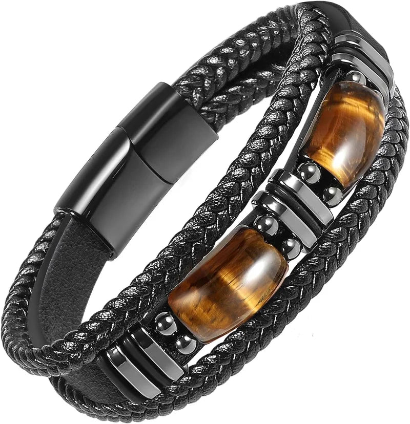 Tigerauge schwarzes Lederarmband Herren natürlicher Edelstein Kristall Stein Schmuck handgemachte Mut Stress Relief Schutz Armband