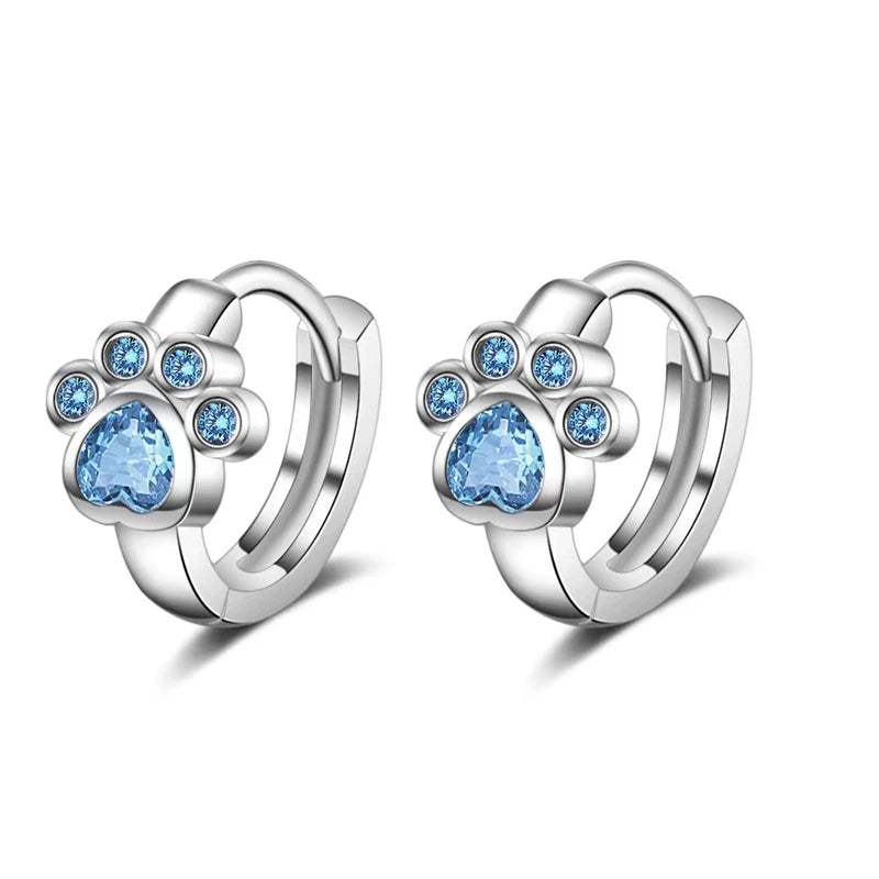 Silberfarbene Katzenpfote-Creolen, hellblaue Herzform, runder Kristallstein, niedliche Mädchen-Ohrringe, Schmuck, Festival-Party