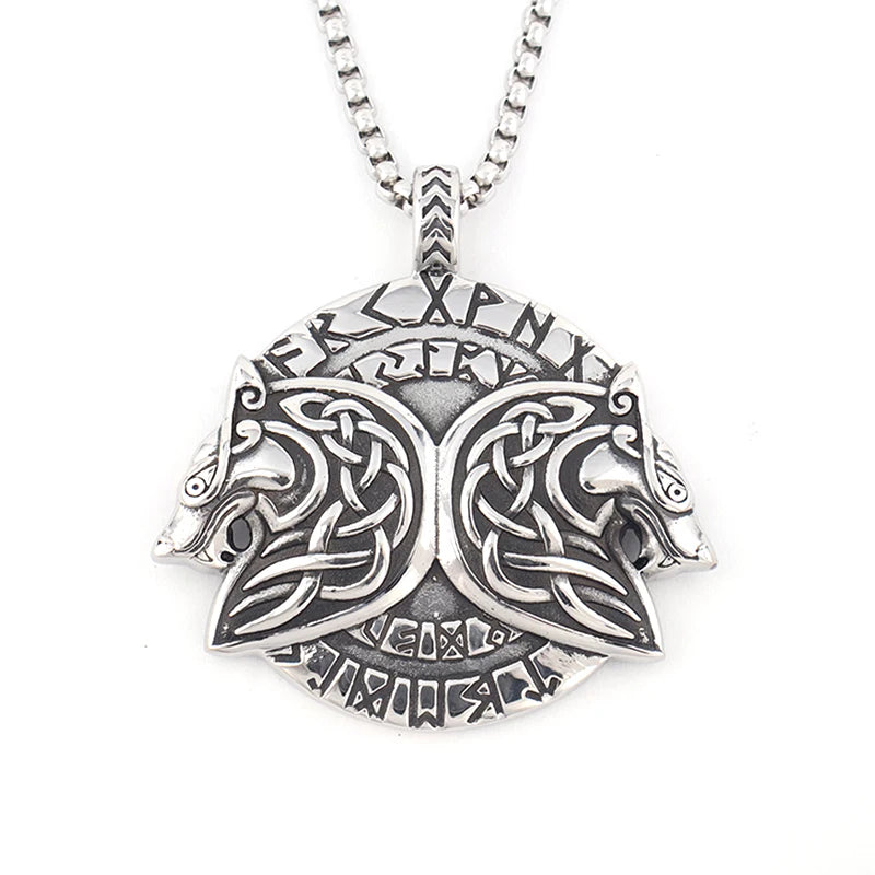 Wolf & Löwe Anhänger Halskette mit nordischen Runen Vintage Stil Wikinger Tribal Kette für Männer, Punk Biker Edelstahl Schmuck Geschenk