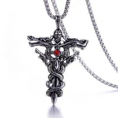 Punk Mode Titan Stahl Halskette für Männer Legierung Doppel Drachen Schwert Anhänger Choker Ring Vintage Bösen blick Kreuz Schmuck Geschenk