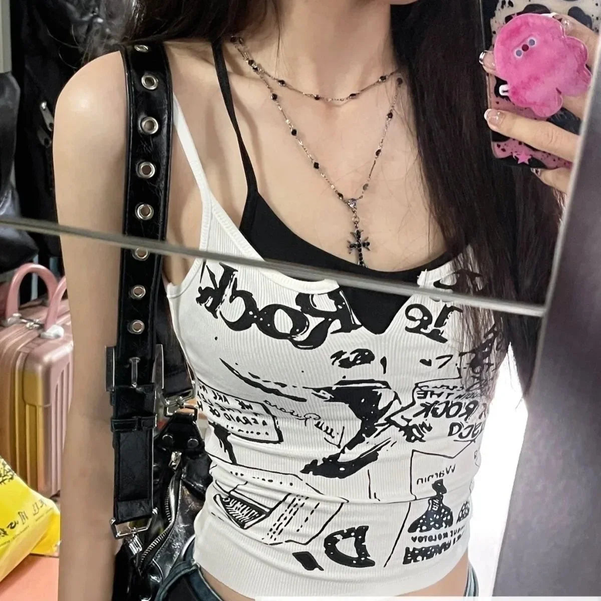 Y2K Schwarze Zirkon Kreuz Perlen Halskette für Frauen Layered Dark Gothic Stil Alternative Kultur Schmuck Anhänger Halskette