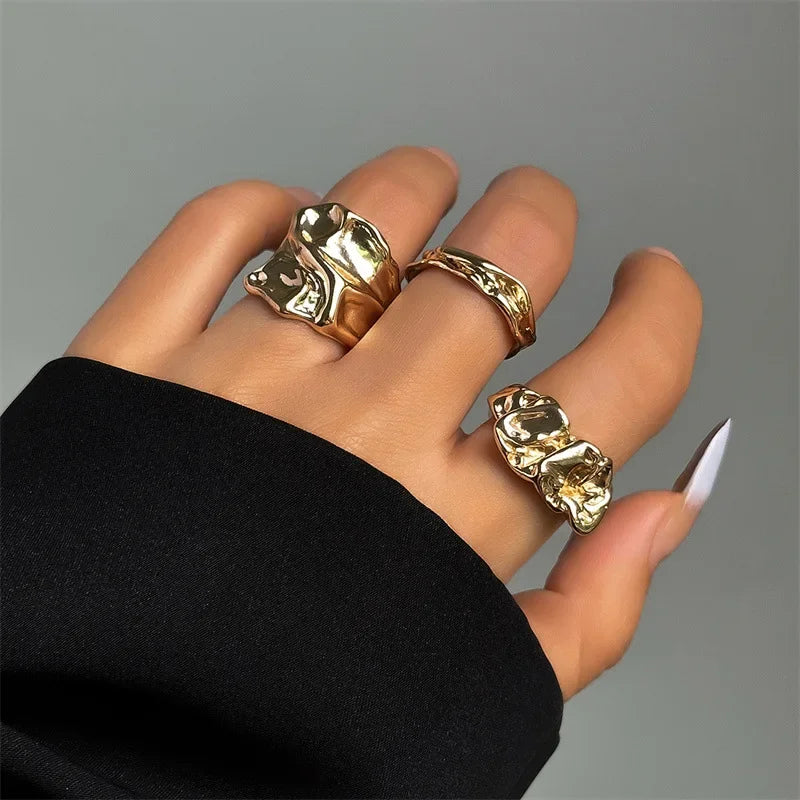 Punk Goldene Flüssigkeit Ringe Set Für Frauen Mode Unregelmäßige Welle Metall Knuckle Ringe Ästhetischen Egirl Gothic Schmuck Geburtstag Geschenke