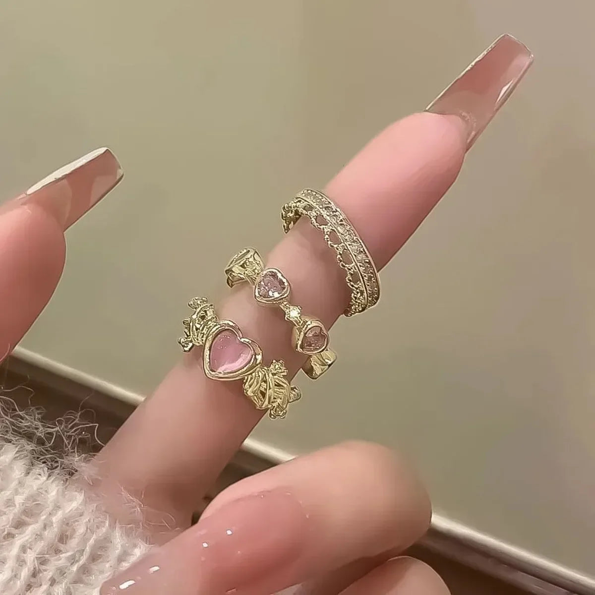 3PCS Trendy Y2k Herz-förmigen Zirkon Rosa Kristall Ringe Frauen Elegante Exquisite Shiny Offenen Kristall Ring Mädchen Partei schmuck Geschenke
