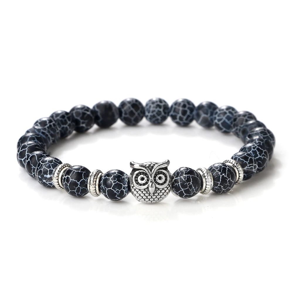 Natürliche Stein Perlen Eule Armbänder Malachit Rock Lava Armreifen Charme Strang Elastische Energie Yoga Buddha Schmuck Für Frauen Männer