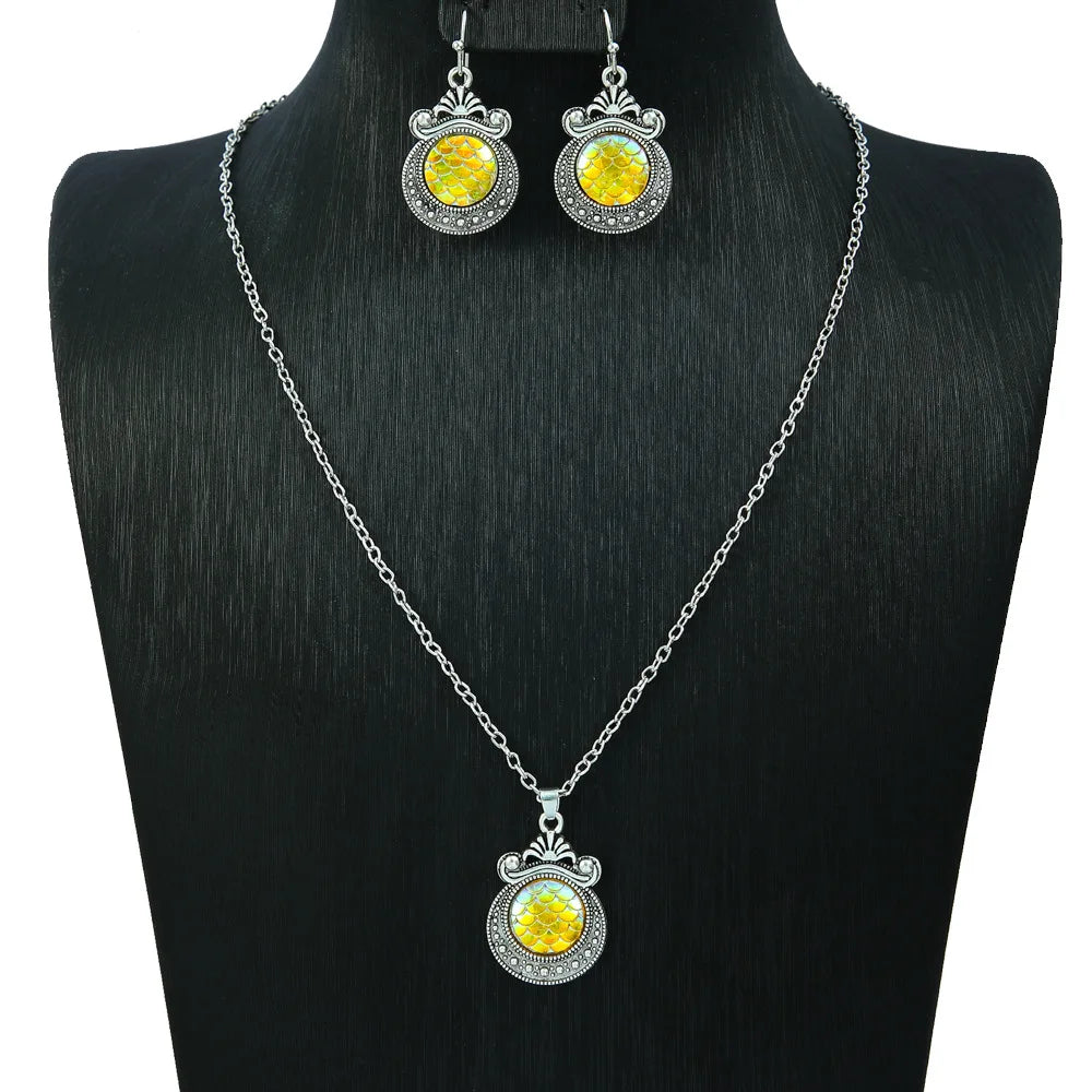 Kreative bunte Fischschuppenmuster Tropfen Halskette Ohrringe Set für Frauen Vintage ethnische geschnitzte einzigartige weibliche Schmuck Geschenk