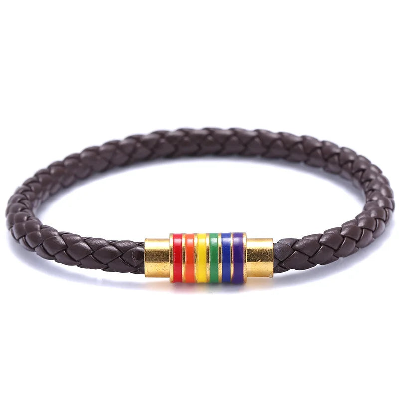 St.kunkka schwarz braun echtes geflochtenes Leder armband Frauen Männer Edelstahl Homosexuell Stolz Regenbogen Magnet Charms Armband Geschenk