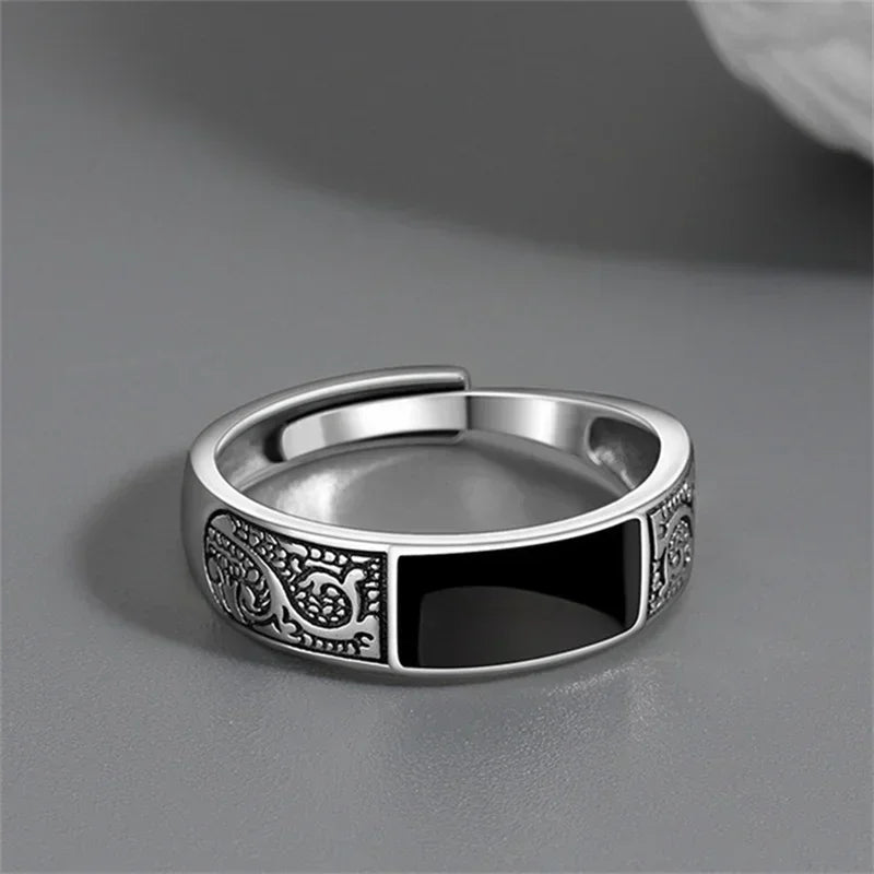 Trendiger Vintage-Ring aus 925er Silber für Herren, Schmuck, schwarzer rechteckiger Retro-Drachenmuster-Ring, männliche Ringe, verstellbar, Mohamed Nadal