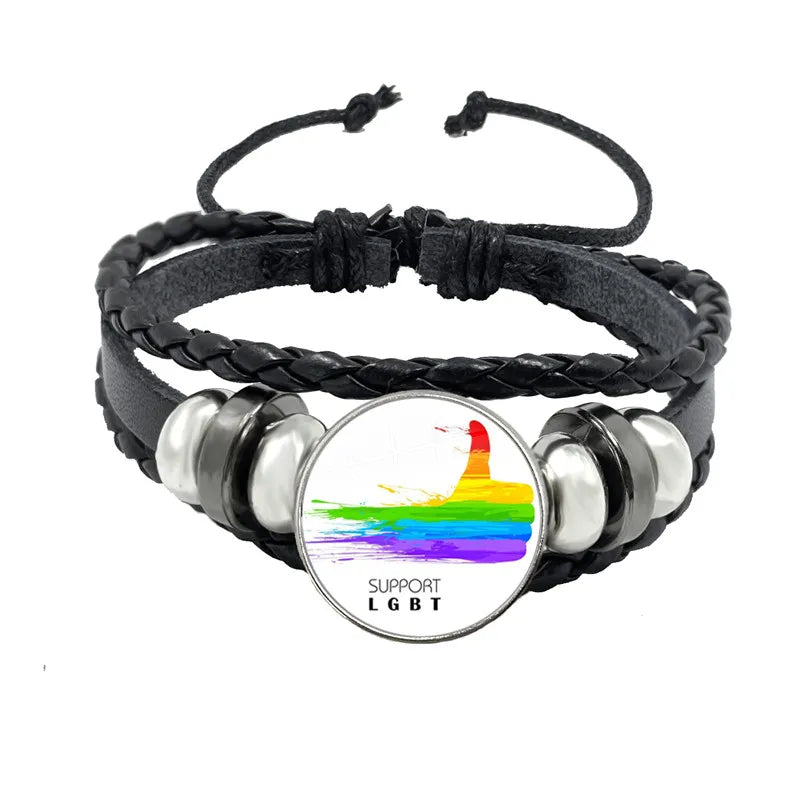 LGBT Schwarz Weave Leder Armband Bi Stolz Glas Cabochon Homosexuell Stolz Regenbogen Flagge Foto Armreif Schmuck Für Frauen Männer Liebhaber geschenk
