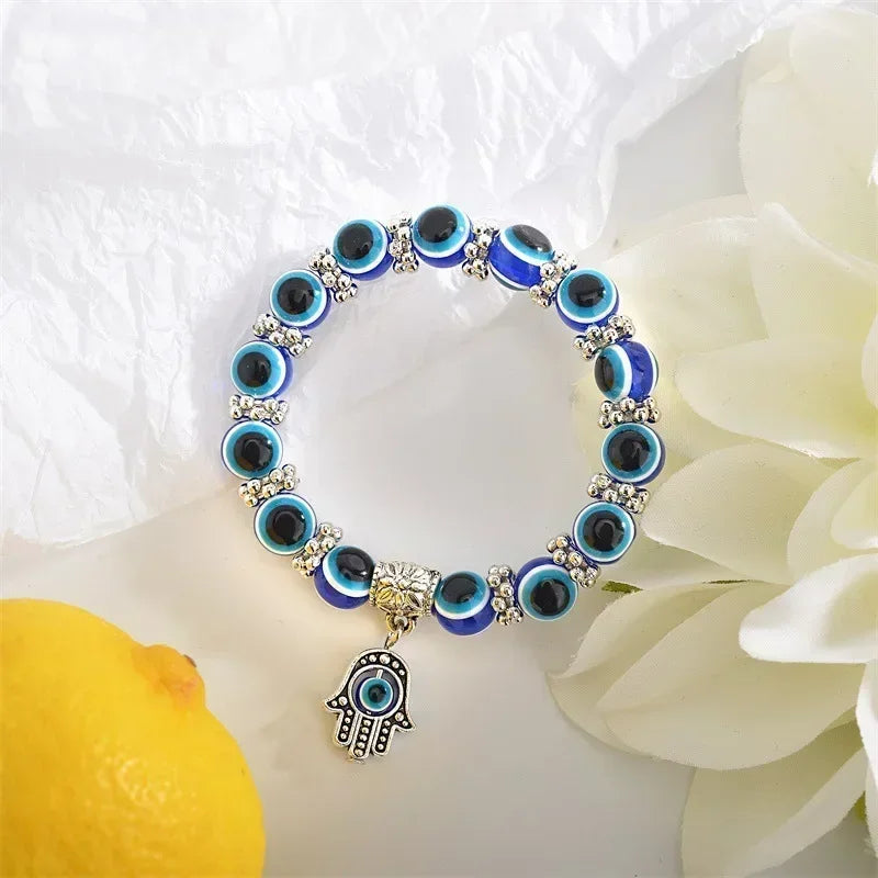 2 Stück Vintage Blue Evil Eye Armband für Frauen, die Glück, Amulett, Hand der Fatima wünscht, Armband, Glück, Türkei, bunt, einfach, trendig