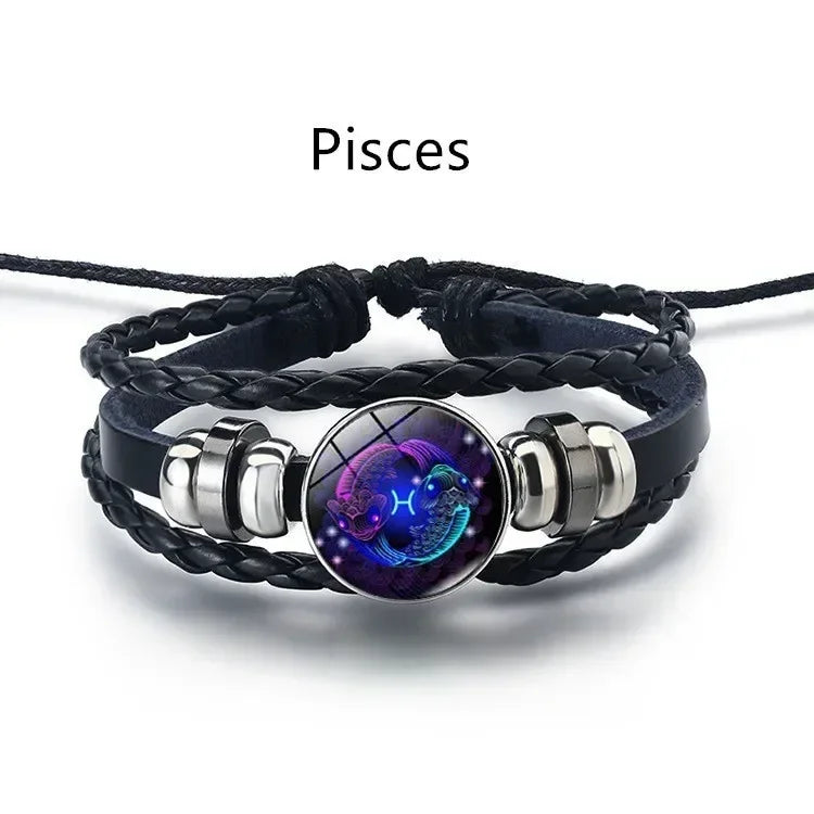 12-Sternbild-Sternzeichen, schwarzes geflochtenes Lederarmband, Krebs, Löwe, Jungfrau, Waage, gewebte Glaskuppel, Schmuck, Punk-Männerarmband