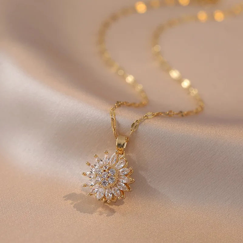 Trend ige Rotation Spin Sonnenblume Edelstahl Zirkon Halsketten für Frauen Metall Kristall Halskette Party Geburtstags geschenke Schmuck