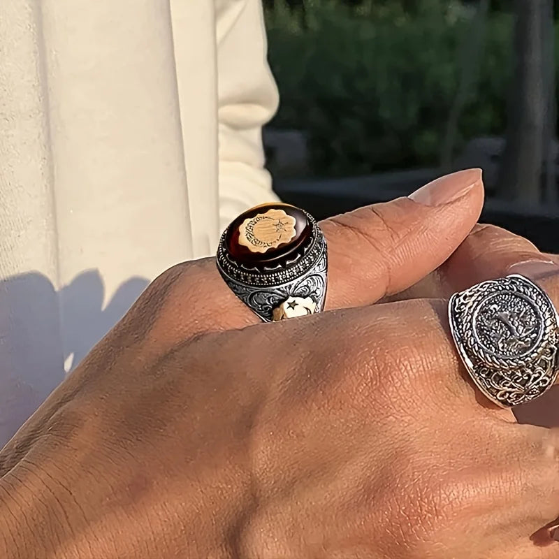 Retro Türkische Handgemachte Männer Ringe Vintage Geschnitzte Sterne Mond Muster Rot Zirkon Ringe Rock Punk Islamischen Muslimischen Hochzeit Schmuck