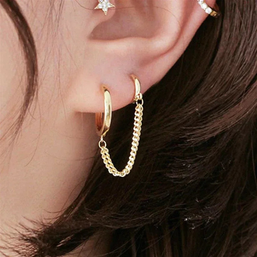 Punk Coole Zwei Loch Piercing Ohrringe Gold Silber Farbe Lange Quaste Kette Tropfen Ohrringe für Frauen Mode Schmuck Geschenke Koreanische