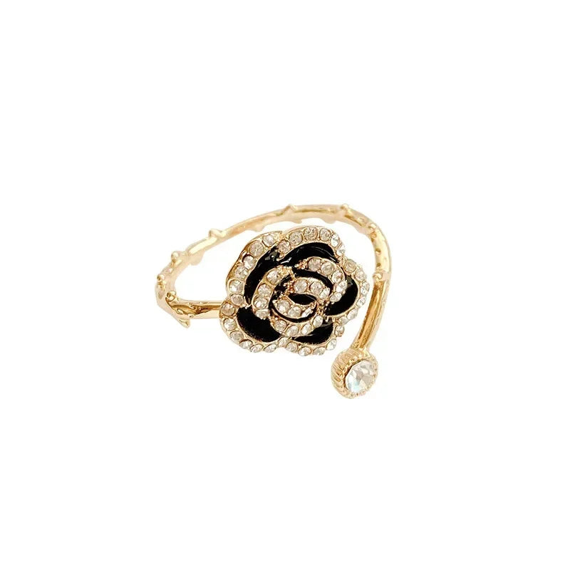 Schwarze Rosenförmige Metall-Öffnungsringe für Damen und Mädchen, modisch, luxuriös, Zirkon, verstellbare Zeigefingerringe, Schmuck, Party