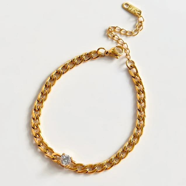 DASEIN 18 Karat vergoldetes römisches französisches weißes Tropfen-Zirkon-kubanisches Kettenarmband-Set, superglanzter Edelstahl-Vintage-Schmuck