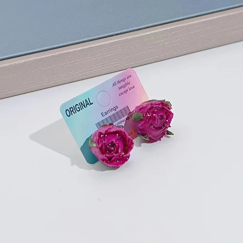 Einzigartige getrocknete Blumenohrringe, elegante natürliche Rose, Blumenperle, Quaste, lange Ohrringe, Epoxidharz, Rosenohrringe, Schmuck im Großhandel