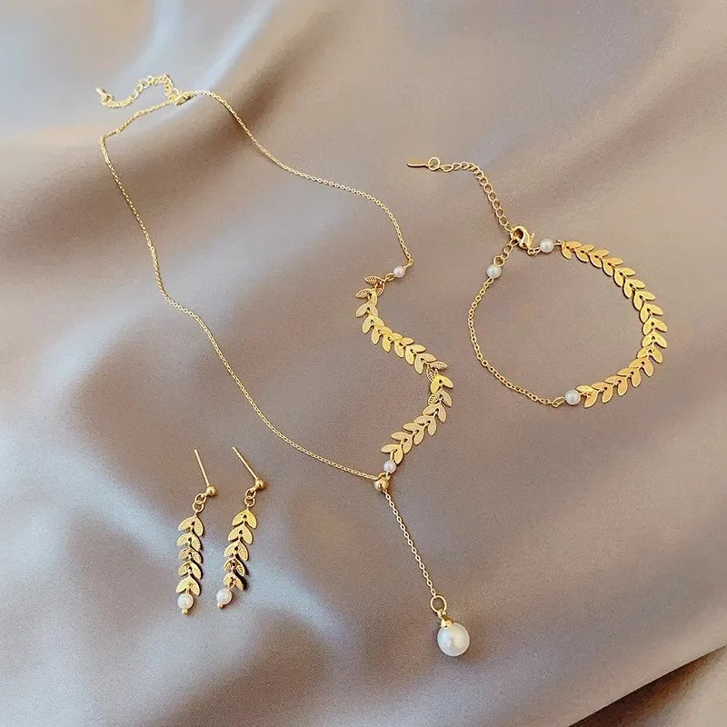 Neue eingelegte Zirkon Perle Halskette Ring Ohrringe dreiteiliges Set für Frauen stilvolle tägliche Accessoires Party Schmuck Geburtstags geschenke