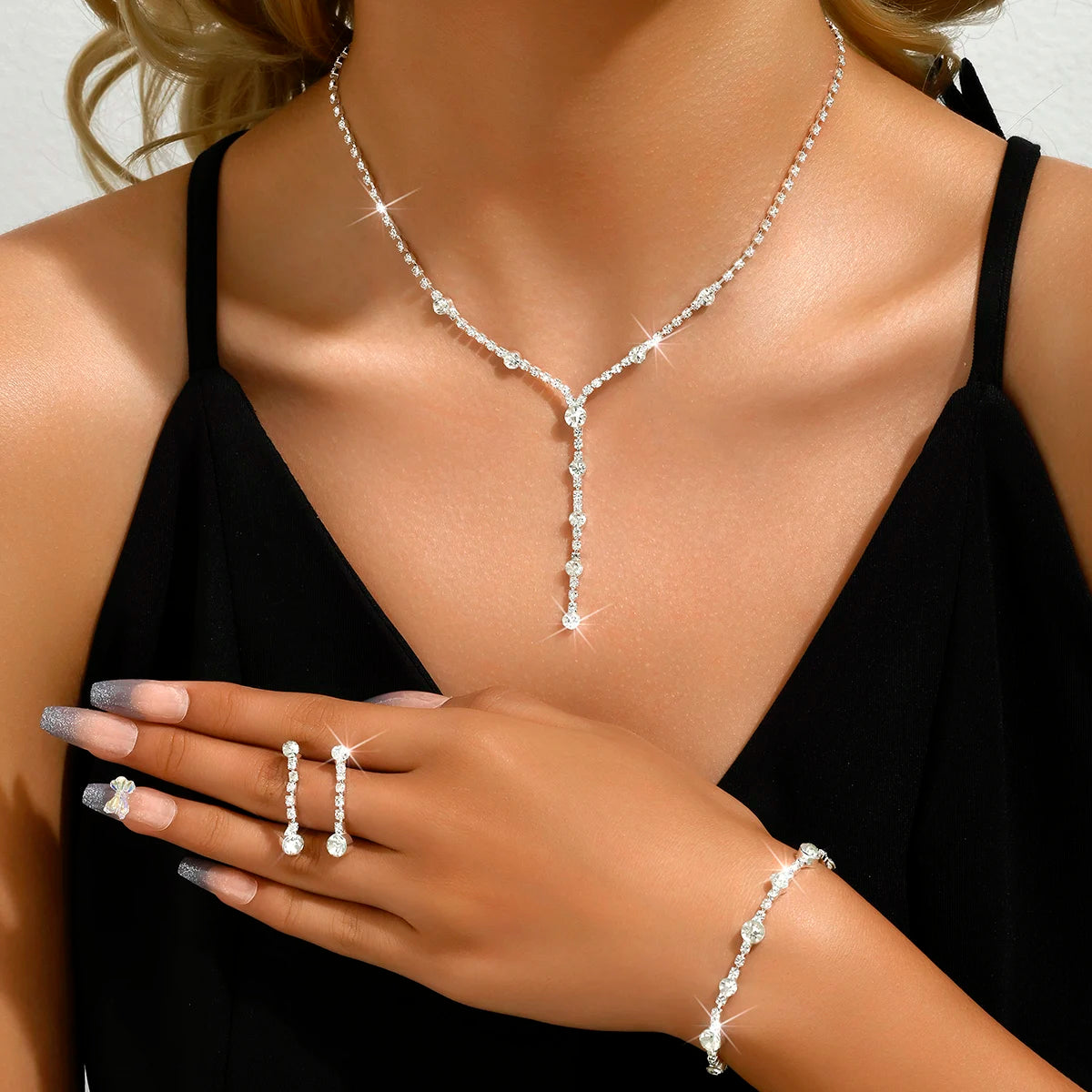 4PC Damenmode Trend Minimalist Wasser Diamant Ohrringe Halskette Armband Schmuckset Hochzeit Bankett Party Festival Geschenk