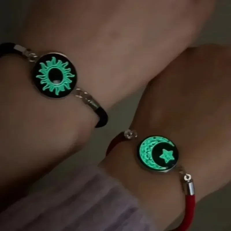 2 Stück handgefertigte, im Dunkeln leuchtende Sonne, Mond, Paar-Armbänder für Damen und Herren, geflochtenes Seil-Armband, Valentinstag-Schmuck