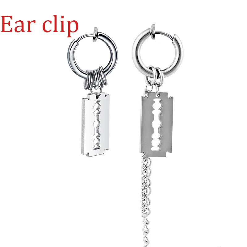 1 paar/2Pcs Klinge Kette Quaste Anhänger Ohr Clip/Schnalle Ohrringe Für Frauen Männer Edelstahl Schmerzlos hip Hop Gothic Pop Schmuck