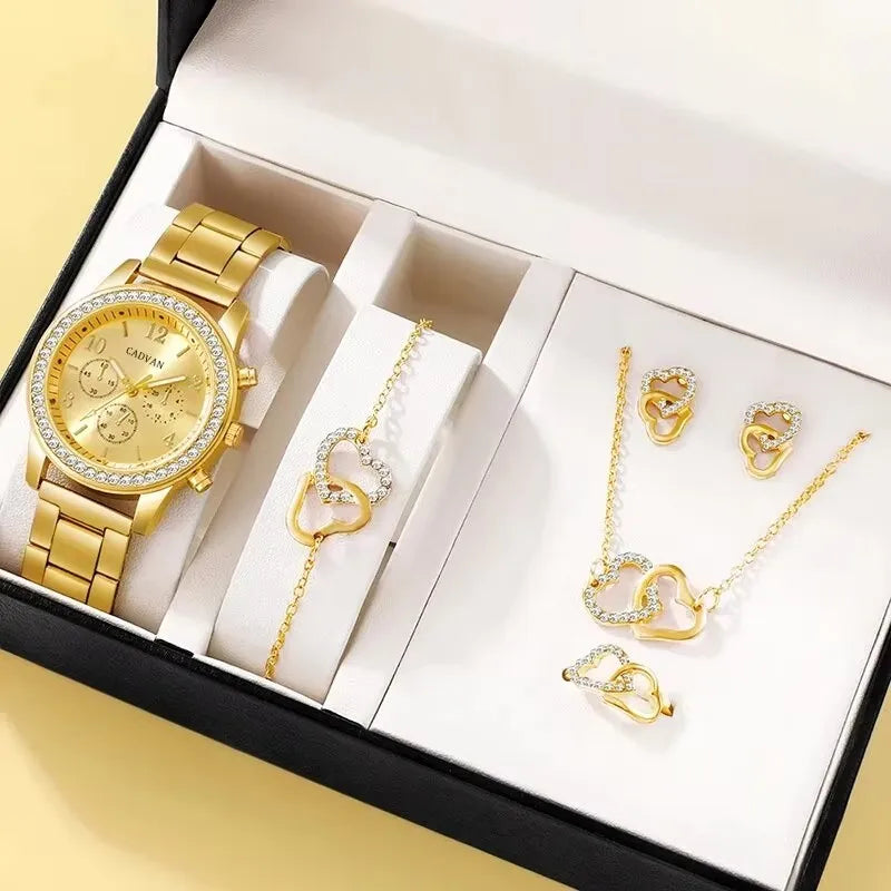 6 Stück Set Roségold Luxus uhr Damen Ring Halskette Ohrring Strass Mode Armbanduhr lässig Damen Armband Uhren