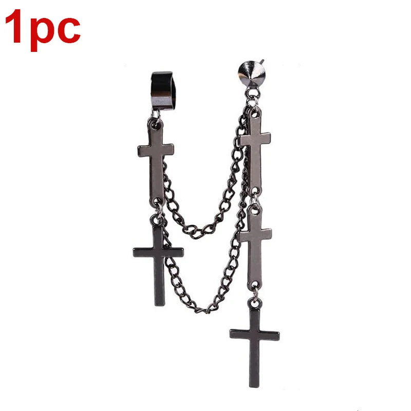 Punk Kreuz Quaste Ohrringe Frauen Integrierte Clip Stud Ohrring Christian Gothic Hip Hop Schmuck Metall Kette Ohr Ring Ohrring Männer