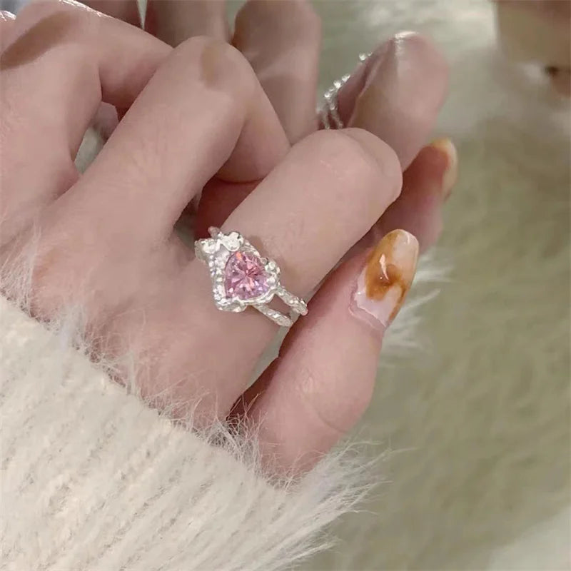 Herz Offene Ringe für Frauen Korea Geometrische Kristall Mondstein Gothic Finger Ring Y2K Zubehör Trendy Ästhetischen Schmuck Geschenk