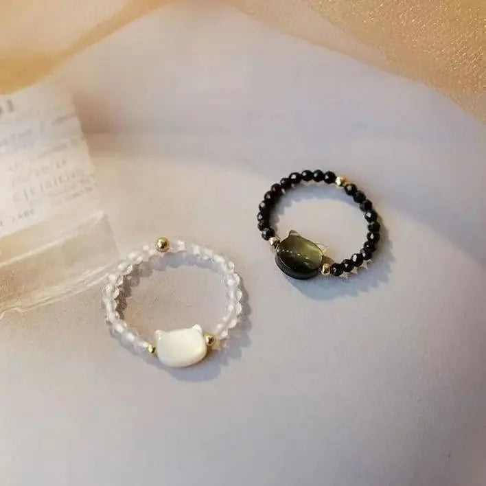 Paar Mondstein Ringe natürliche Obsidian Perlen süße schwarz weiß Mini Katze handgemachte minimalistische elastische Schnur Frauen Männer Schmuck